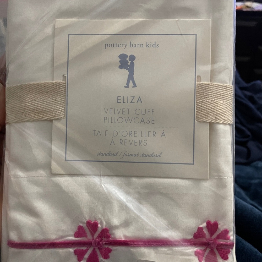 Pottery Barn Kids Eliza Velvet Cuff Pillowcase in White with Pink Embroidery